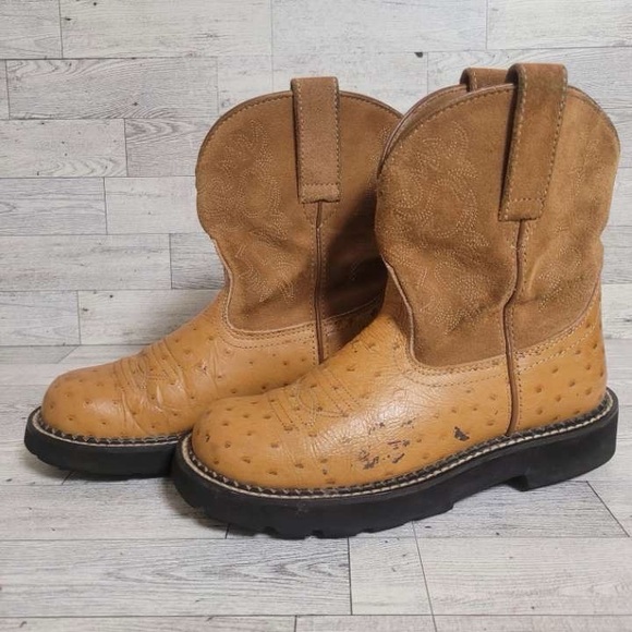 Women's Ariat Fatbaby Western Brown Leather Ostrich Print Cowboy Boots Size 7 B - Picture 1 of 9
